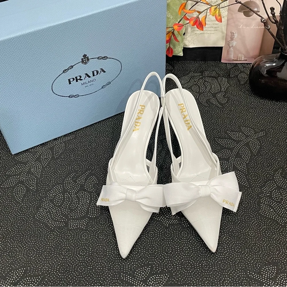 Prada White Bow Pointed Slingback Heels